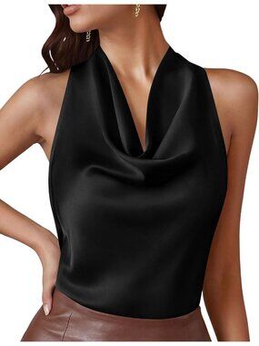 ✨Women Black Cowl Neck Silk Blouse Sleeveless Date Night Satin Halter Top